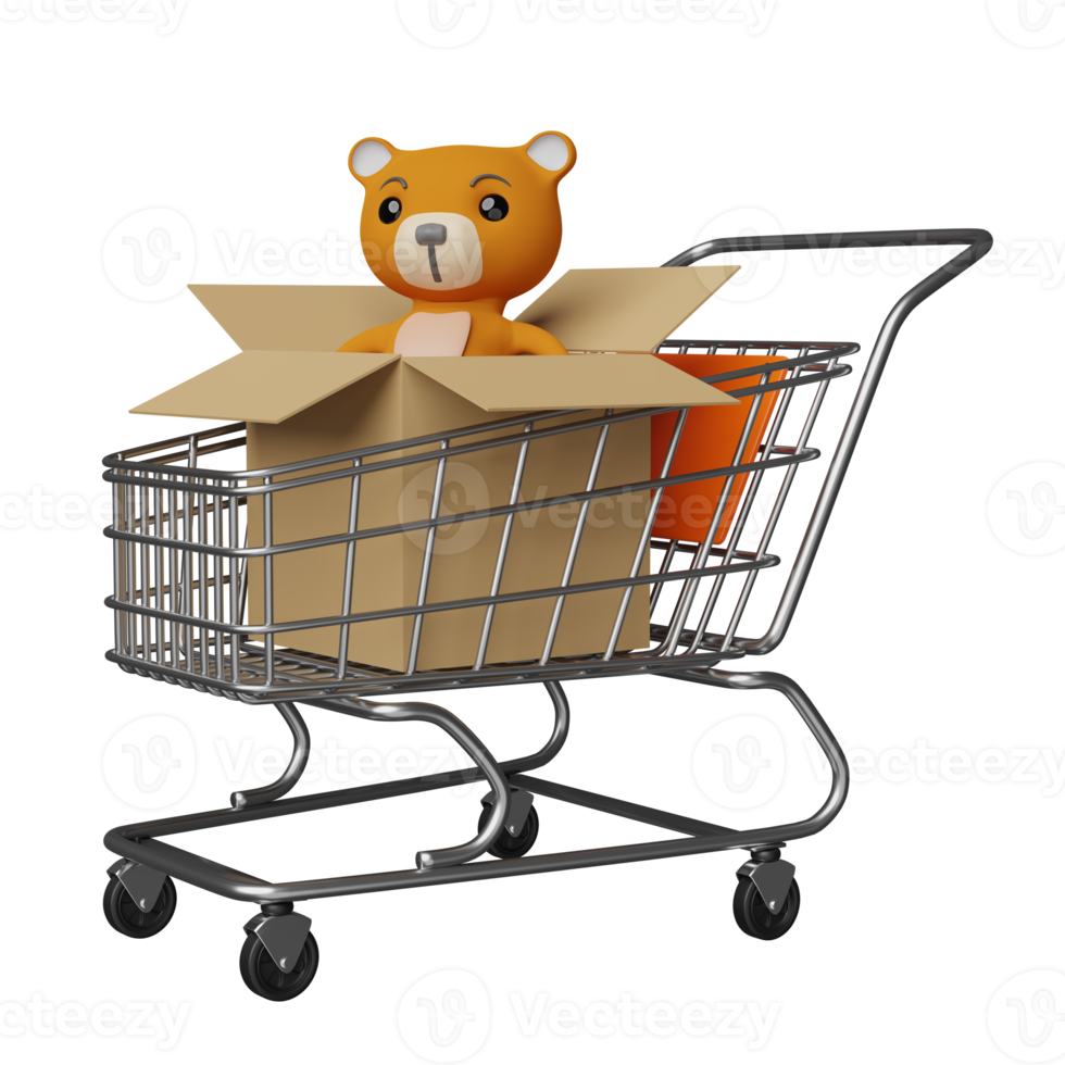 oso de peluche con caja de cartón de mercancías, carrito de compras aislado. concepto de compras en línea, ilustración 3d o presentación 3d png