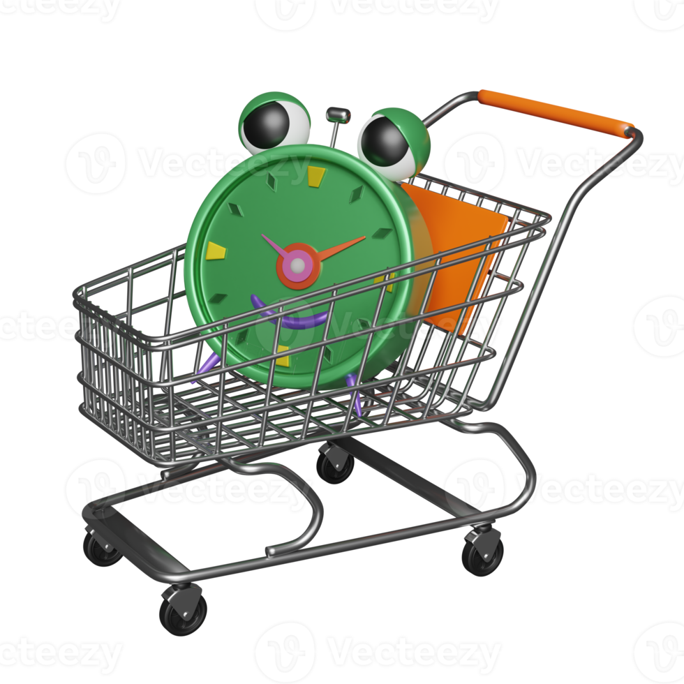 stainless steel shopping cart with cartoon character green alarm clock wake-up time morning isolated. Limited-time offer shopping sale concept, 3d illustration or 3d render png