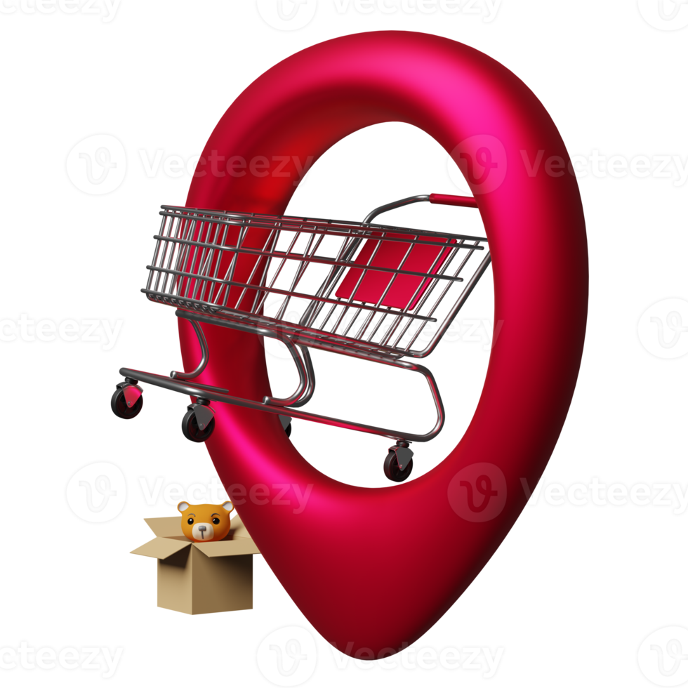 red pin with stainless steel cart, point shopping or supermarket center, map pointer for department store isolated. online shopping concept, 3d illustration or 3d render png