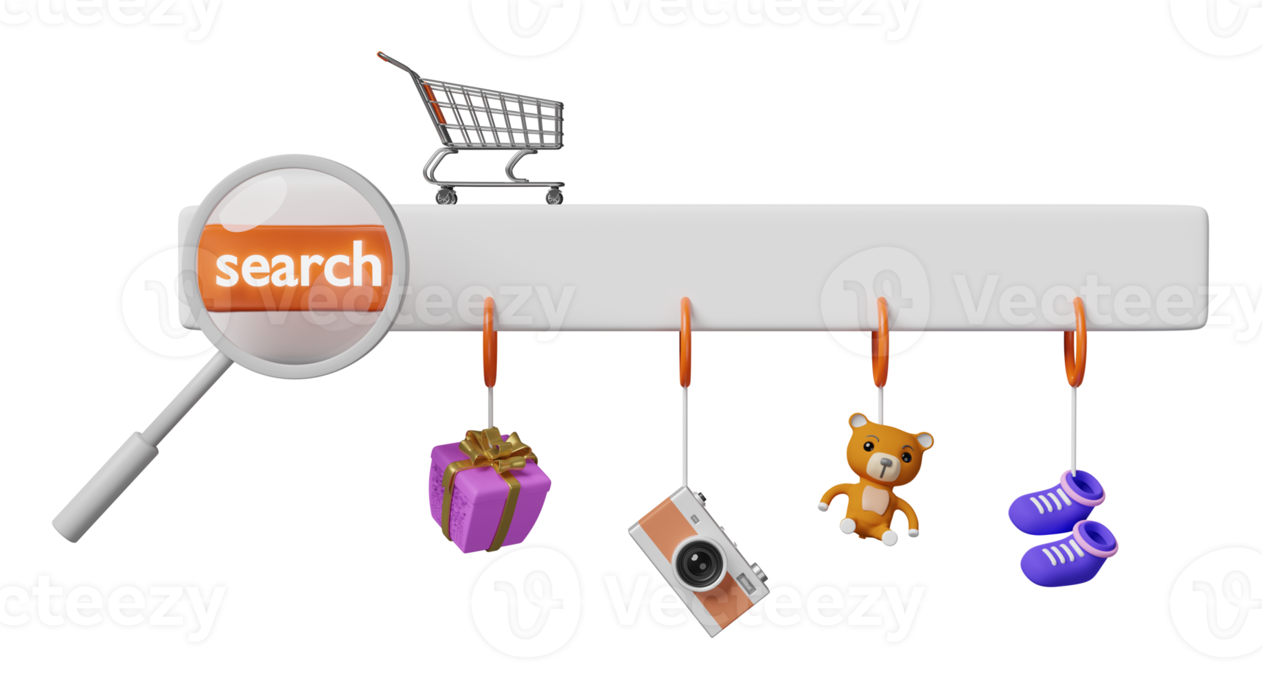 vergroten glas met blanco zoeken bar, boodschappen doen kar, teddy beer, camera, geschenk doos, schoen geïsoleerd. web zoeken motor, web browsen, online boodschappen doen concept, 3d illustratie of 3d geven png