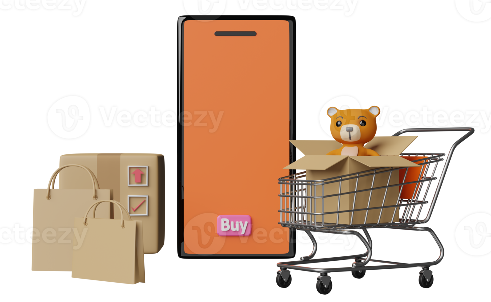 orange mobile phone, smartphone with teddy bear, paper bags, goods cardboard box, shopping cart isolated. online shopping concept, 3d illustration or 3d render png