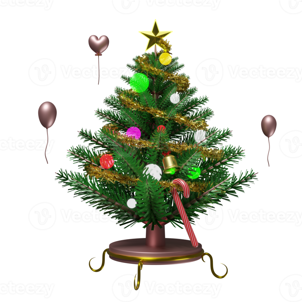 weihnachtsbaumbühnenpodest und ornamente, website oder poster oder glückskarten, weihnachtsbanner und festliches neues jahr, 3d-illustration oder 3d-rendering png