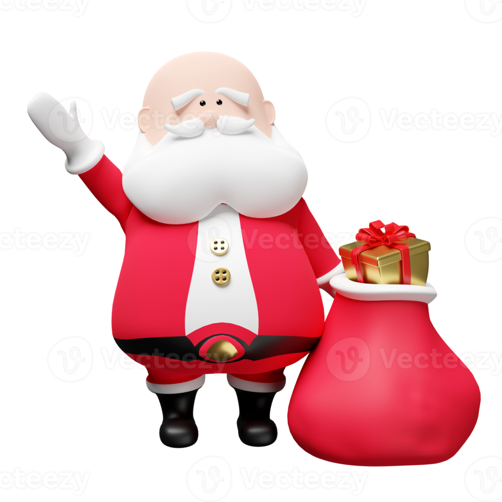 Papai Noel com caixa de presente de saco de pano isolada. site, cartaz ou cartões de felicidade, banner de natal, ano novo festivo, renderização de ilustração 3d, png