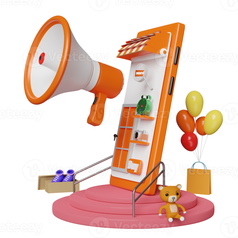 mobiel telefoon, smartphone met op te slaan voorkant, ballon, goederen karton doos, boodschappen doen papier Tassen, megafoon, hand- spreker geïsoleerd. online boodschappen doen uitverkoop concept, 3d illustratie of 3d geven png