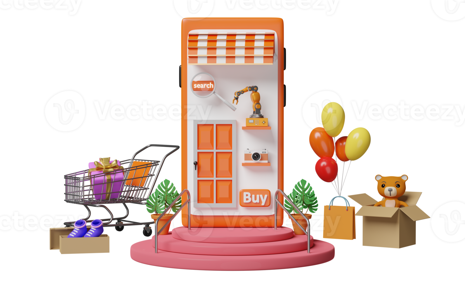 stage podium with orange mobile phone or smartphone store front, balloon, cart, shoe, goods cardboard box, shopping bags, online shopping summer sale ,search data concept, 3d illustration or 3d render png