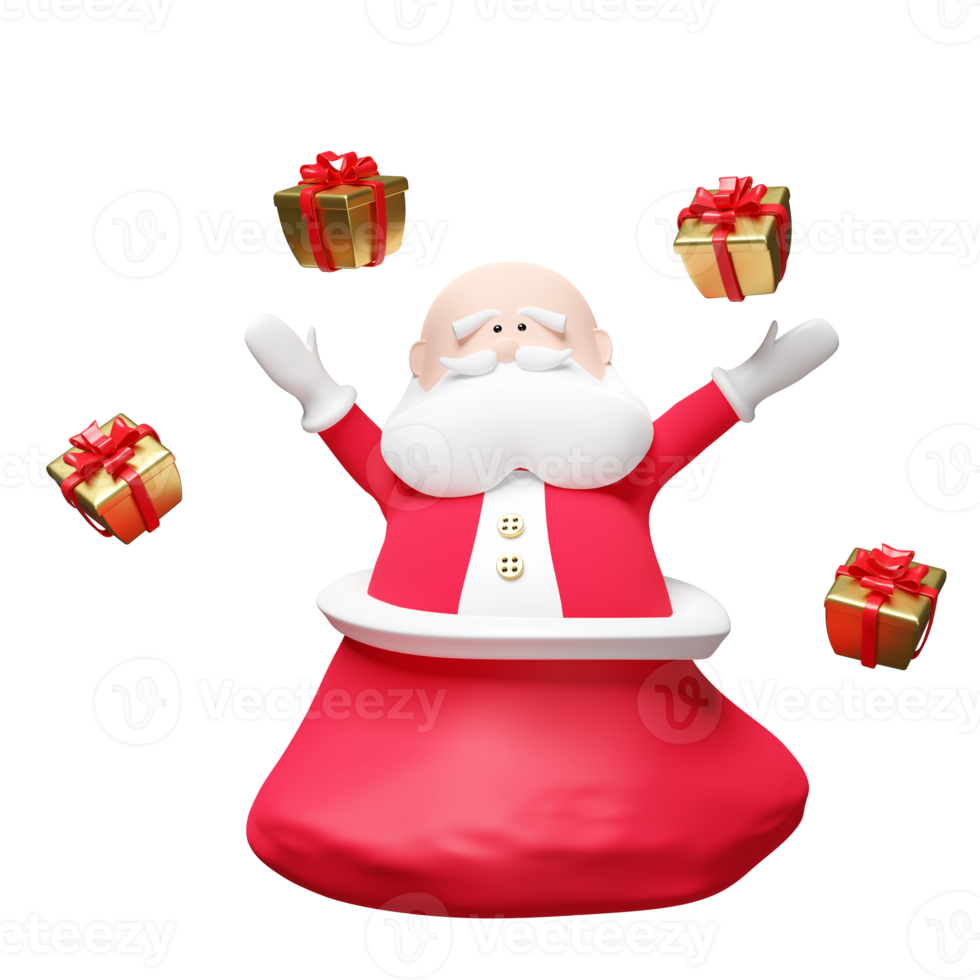 santa claus con caja de regalo de bolsa de tela aislada. sitio web, afiche o tarjetas de felicidad, pancarta navideña, año nuevo festivo, presentación de ilustración 3d, png