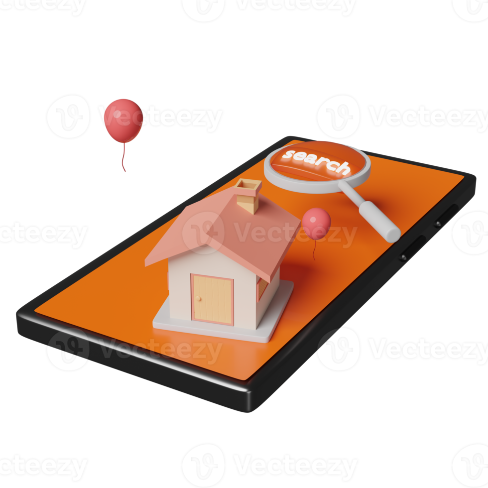 orangefarbenes handy oder smartphone mit zu hause, vergrößerung, ballon isoliert. online-shopping, suchdatenkonzept, 3d-illustration oder 3d-rendering png