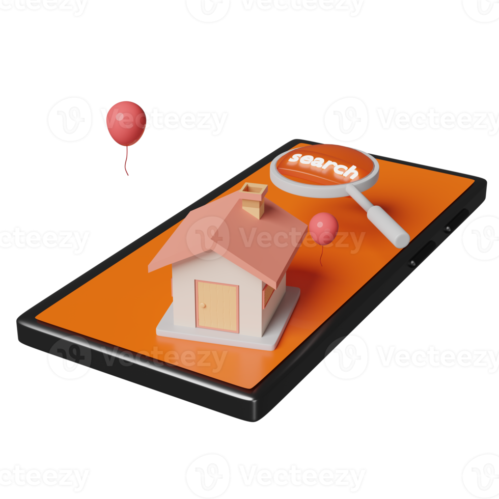 oranje mobiel telefoon of smartphone met huis, vergroten, ballon geïsoleerd. online winkelen, zoeken gegevens concept, 3d illustratie of 3d geven png