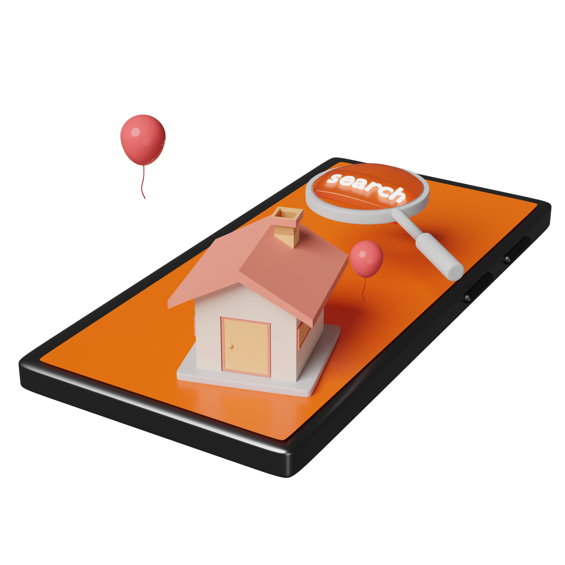 orange mobile phone or smartphone with home, magnifying, balloon