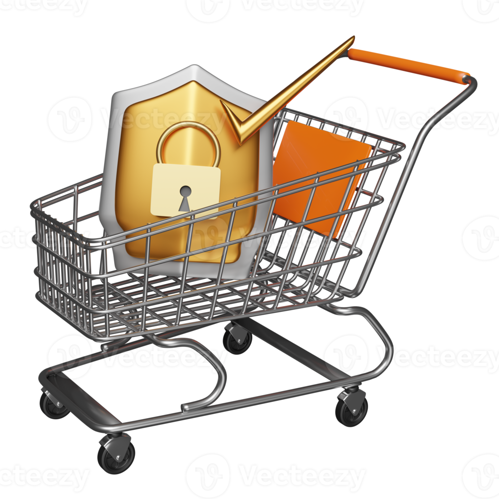 stainless steel shopping cart with golden shield check, lock isolated. Internet security or privacy protection or ransomware protect concept, 3d illustration or 3d render png