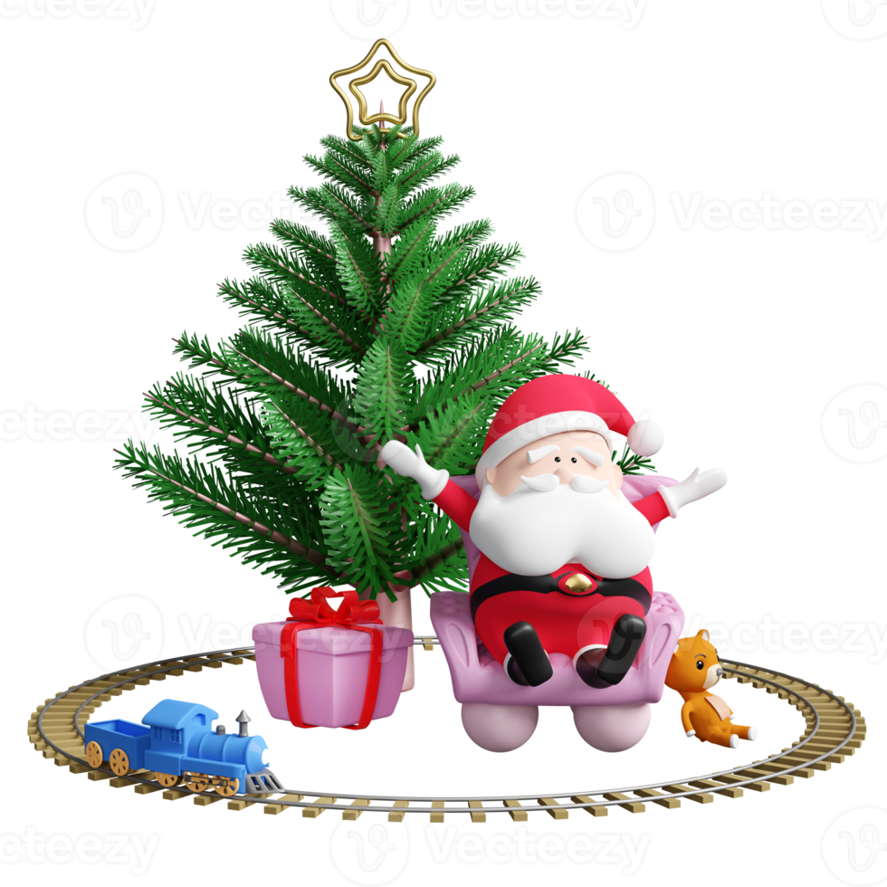 Christmas tree with Santa claus sitting on sofa chair, steam train toy isolated. website, poster or Happiness cards, Christmas banner, festive New Year, 3d illustration render png