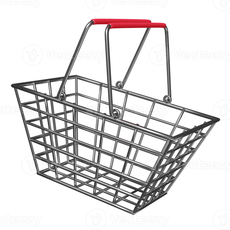 carritos de compras vacíos de acero inoxidable o cestas aisladas. concepto de ilustración 3d o renderizado 3d png