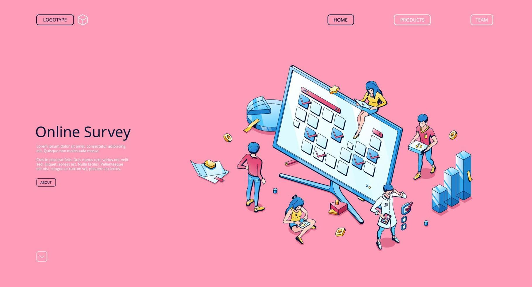 Online survey isometric landing, questionnaire vector