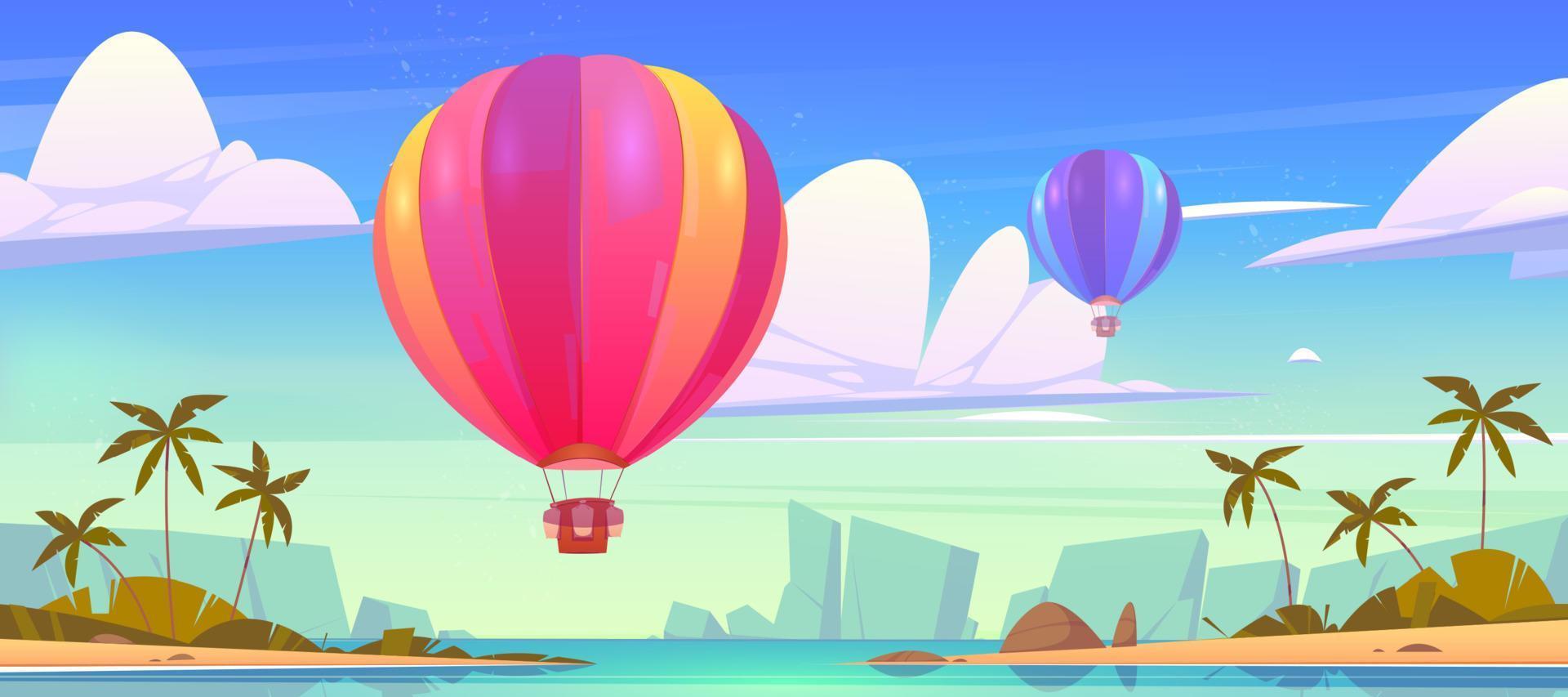 Hot air balloon flying in sky over tropical island vector