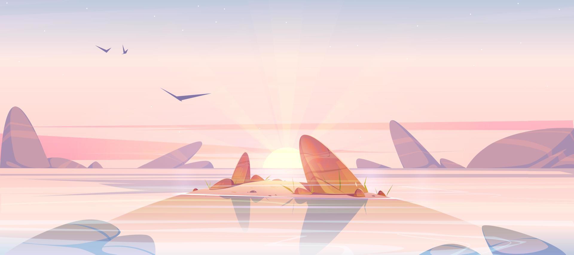 Sunrise in ocean, pink sky with sun at sea shallow vector