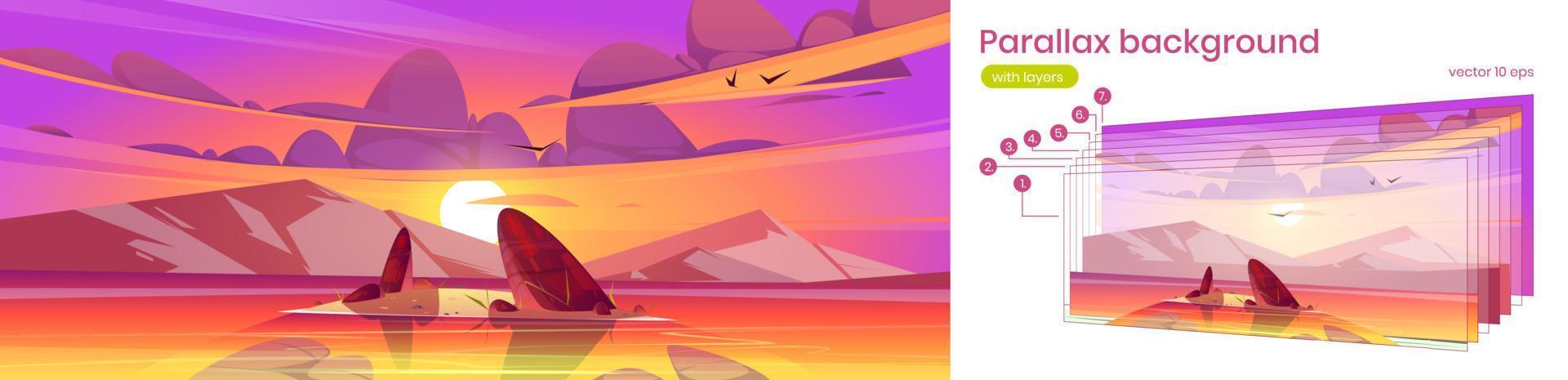 Parallax background with sunset landscape of lake vector
