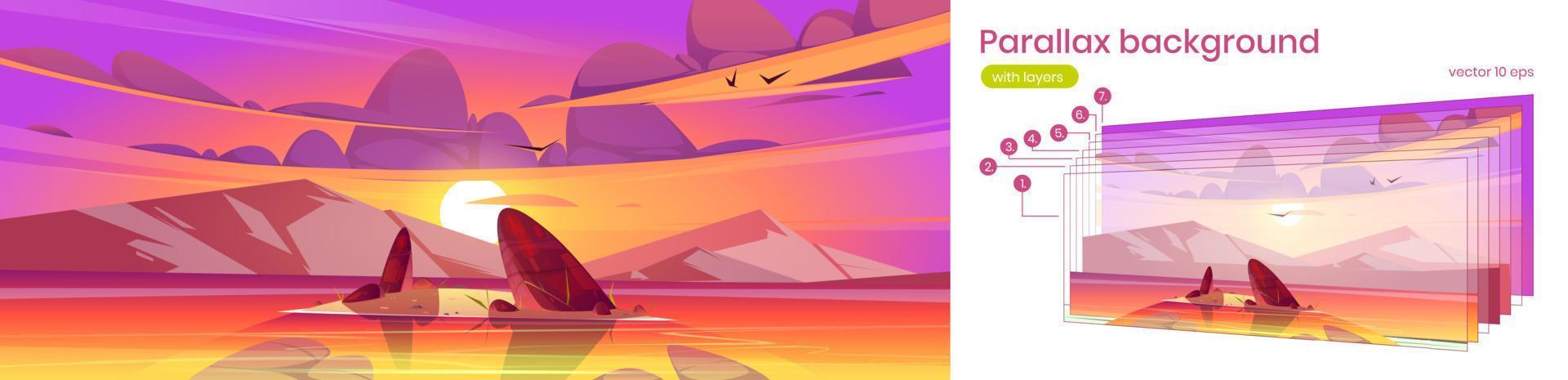 fondo de paralaje con paisaje al atardecer del lago vector