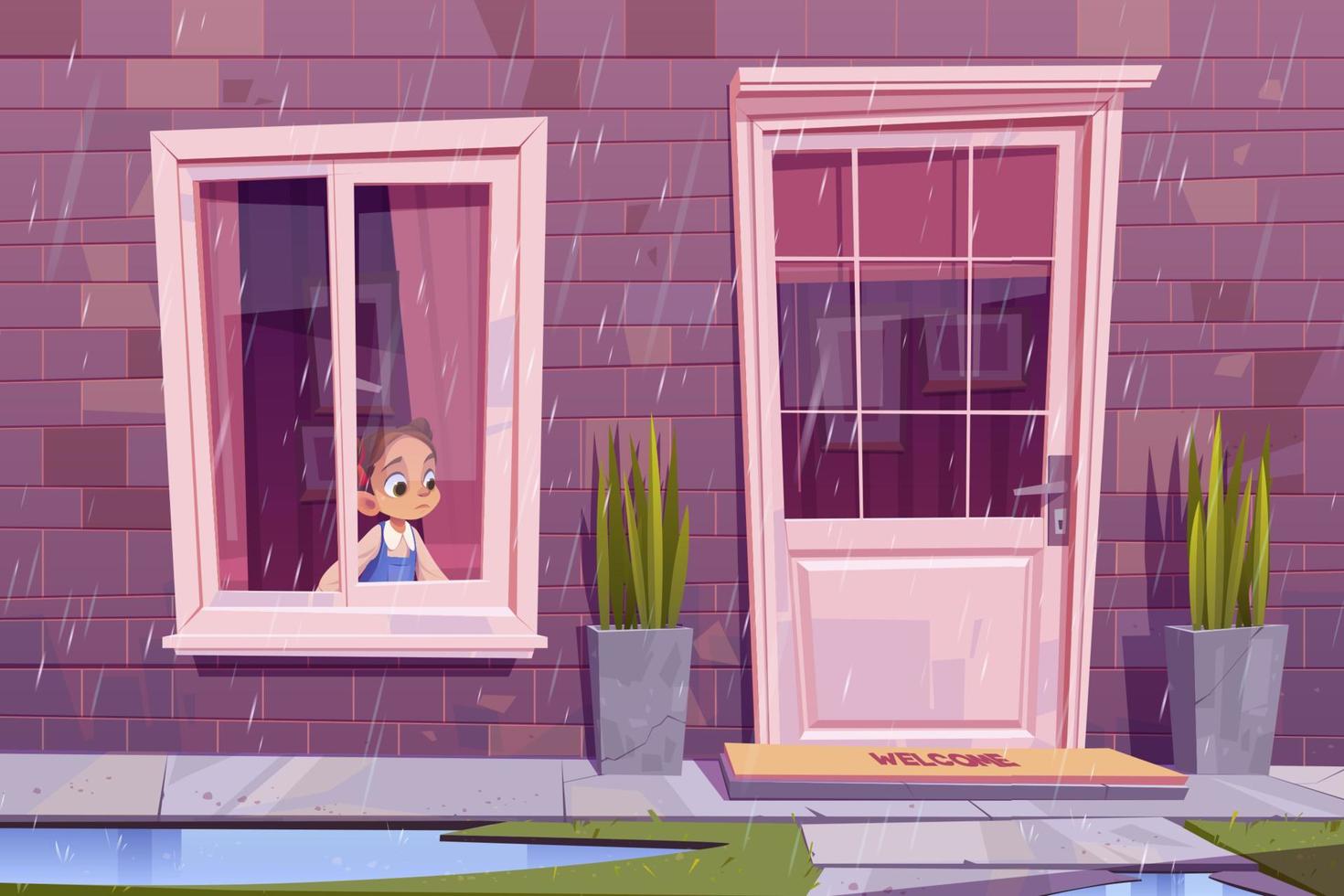 Sad little girl sitting at house window at rain vector