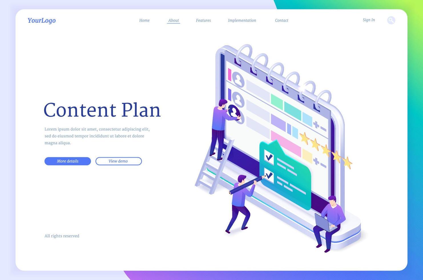Content plan isometric landing, work organization vector