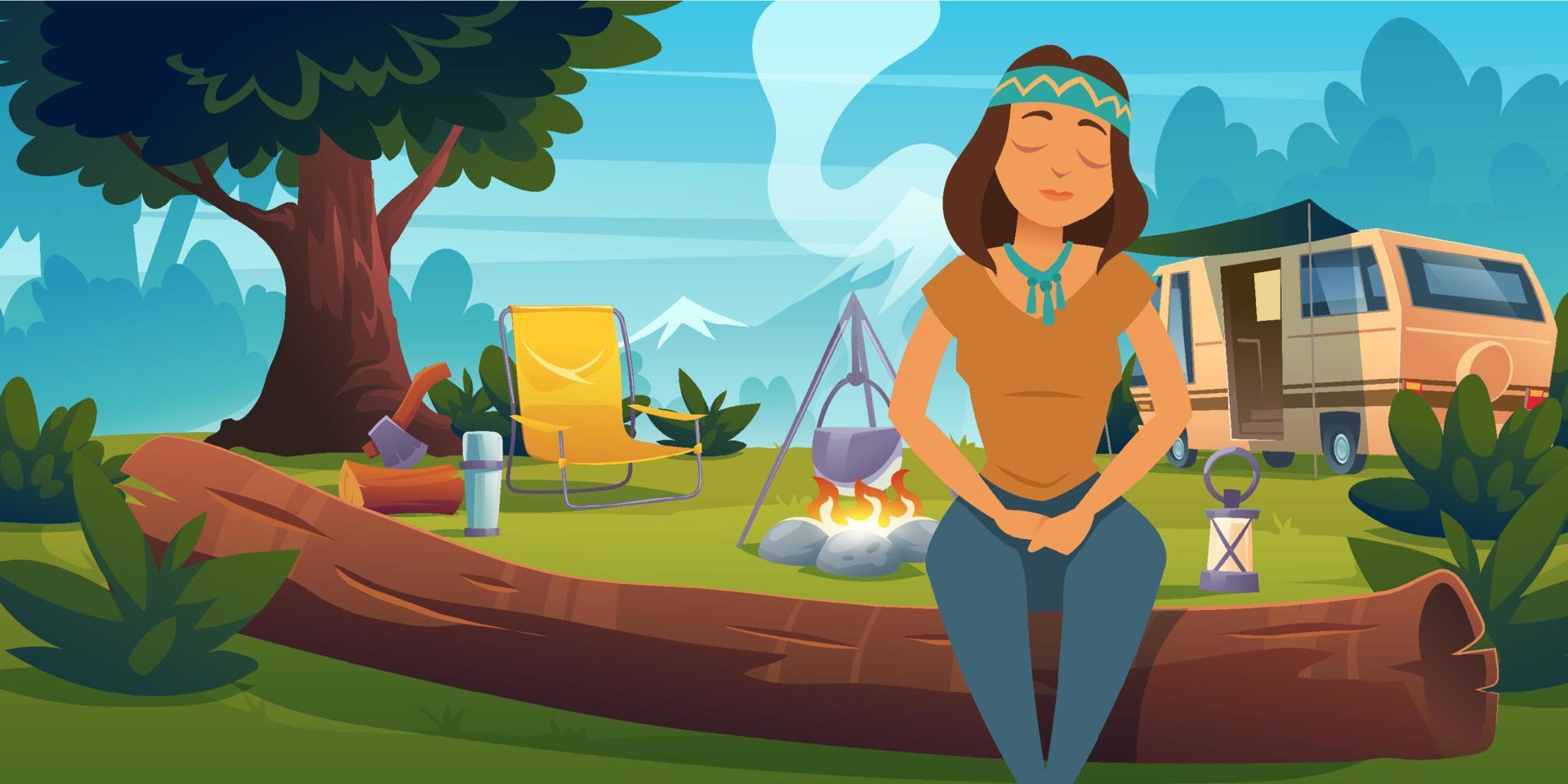 chica hippie en campamento forestal, mujer disfrutando de la naturaleza vector