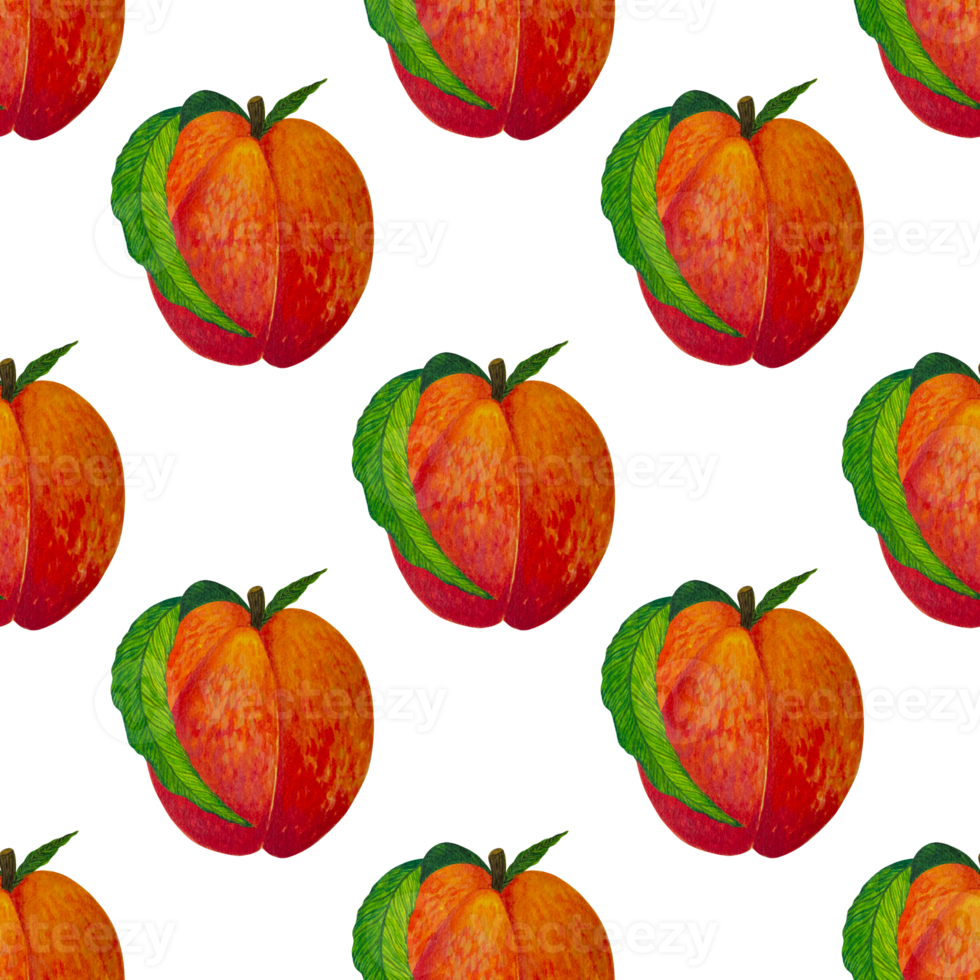 Fresh peaches seamless watercolor pattern. Hand drawn juicy ripe fruits on a transparent background. Sweet garden nectarine with a leaf, on a stem. Summer tropical berries. For posters, cards, web png