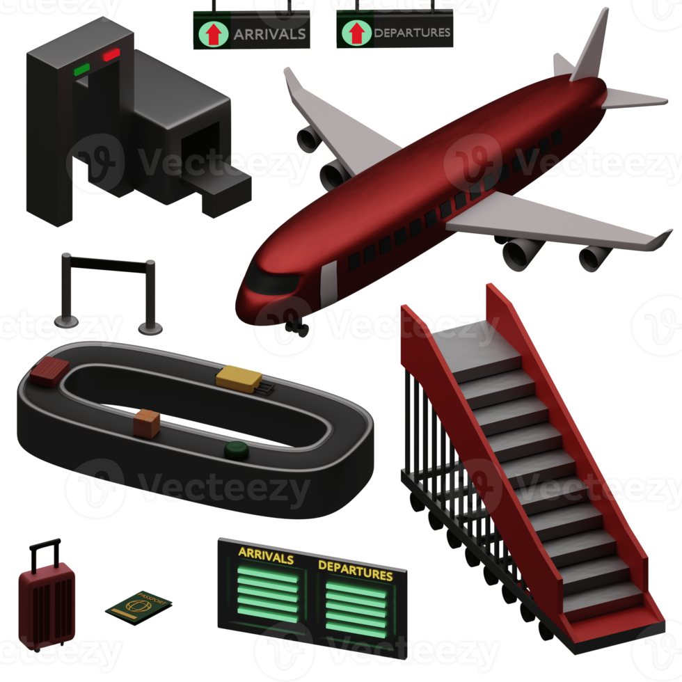 3d rendered airport set includes airplanes, stairs, baggage, arrivals departures sign, etc perfect for design project png