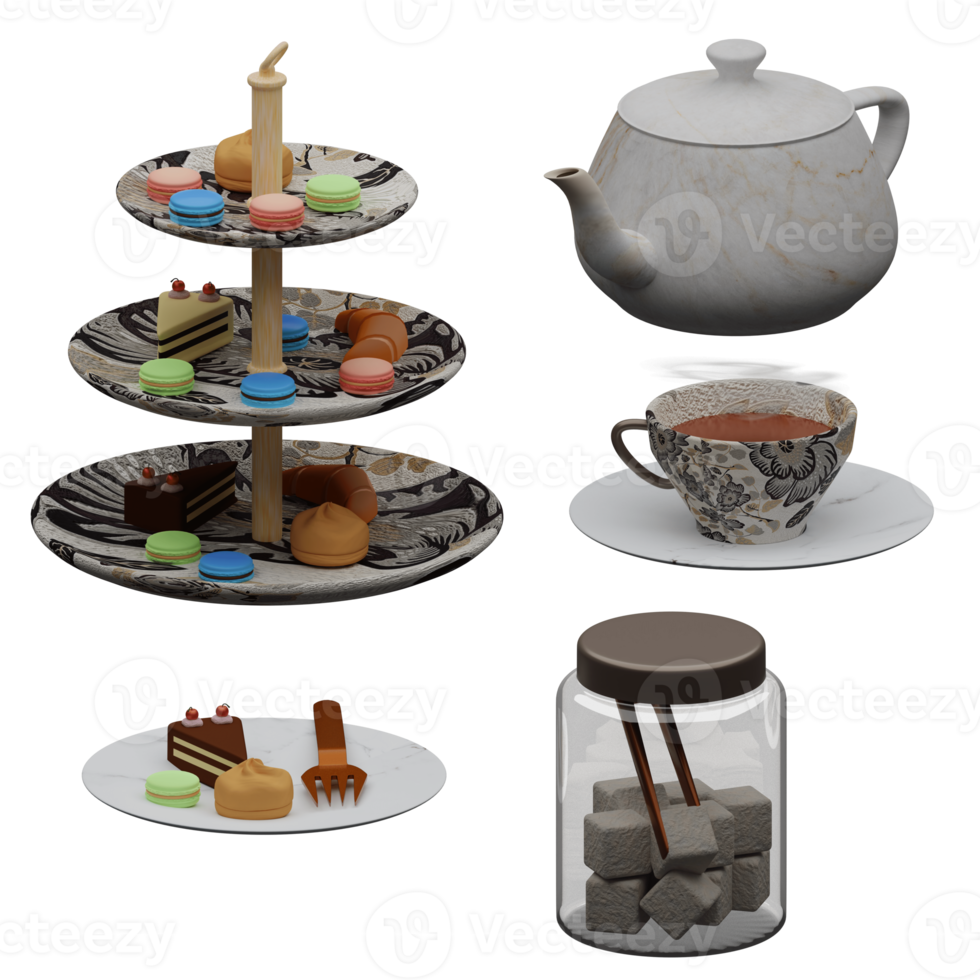 3d weergegeven middag thee reeks omvat theepot, suiker kubus, heet thee en snacks perfect voor ontwerp project png