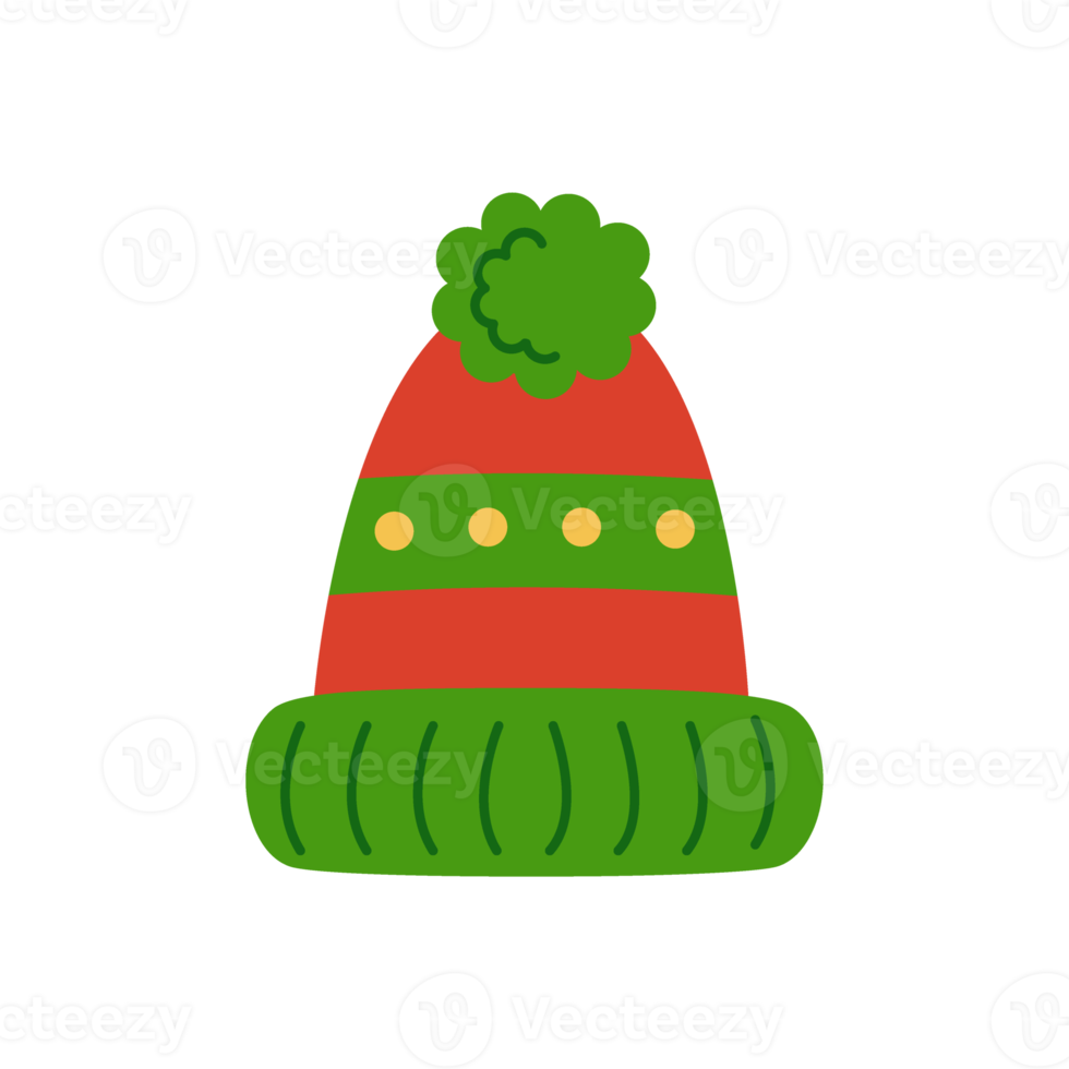 Cartoon red and green winter hat PNG file with transparent background.