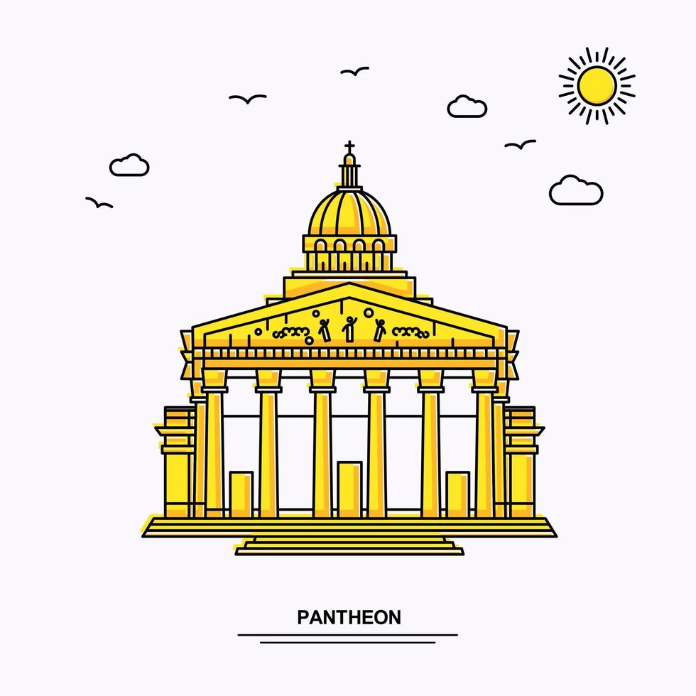 fondo de ilustración amarilla de viaje mundial de plantilla de póster de monumento de panteón en estilo de línea con escena de naturaleza de belleza vector