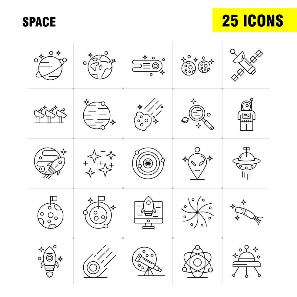 los iconos de la línea espacial establecidos para el kit uxui móvil infográfico y el diseño de impresión incluyen cohete transporte espacial luna planeta espacio nave espacial telescopio conjunto de iconos vector