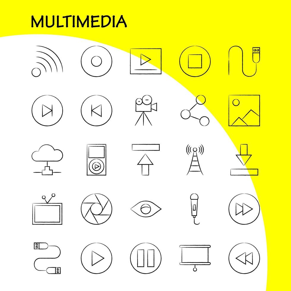 icono multimedia dibujado a mano para impresión web y kit uxui móvil, como micrófono, música, audio, avance rápido, movimiento, reproducción, paquete de pictogramas, vector