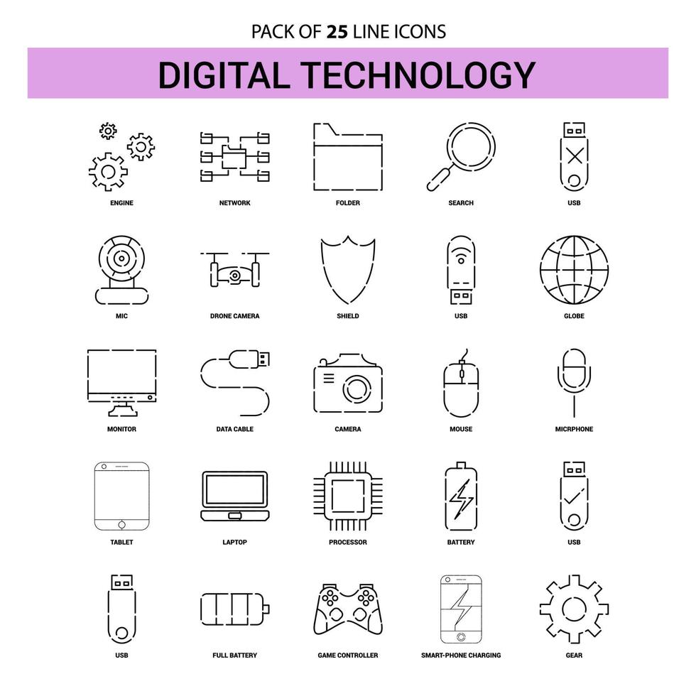 Digital Technology Line Icon Set 25 Dashed Outline Style vector