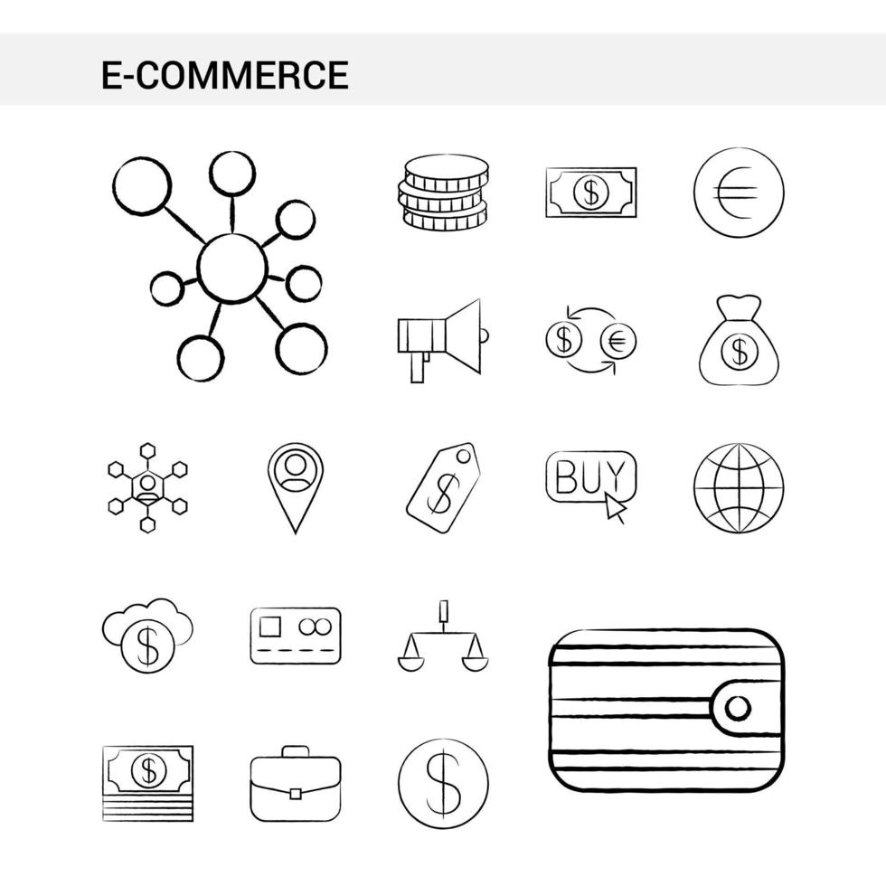 estilo de conjunto de iconos dibujados a mano de comercio electrónico aislado en vector de fondo blanco