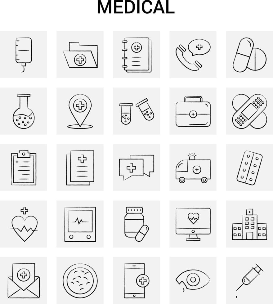 25 Hand Drawn Medical icon set Gray Background Vector Doodle