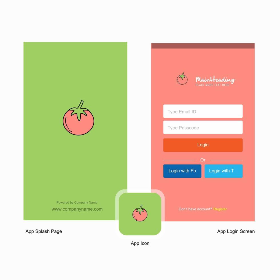 Company Tomato Splash Screen and Login Page design with Logo template Mobile Online Business Template vector