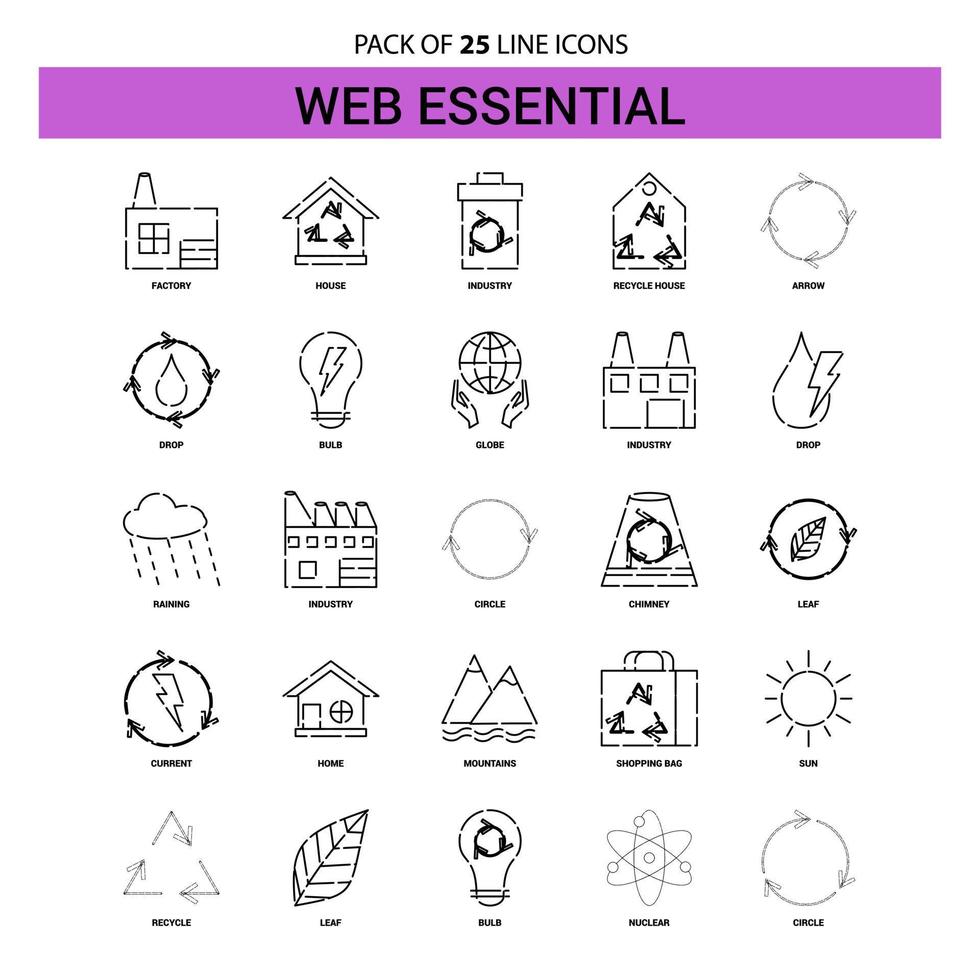 conjunto de iconos de línea esencial web 25 estilo de contorno discontinuo vector