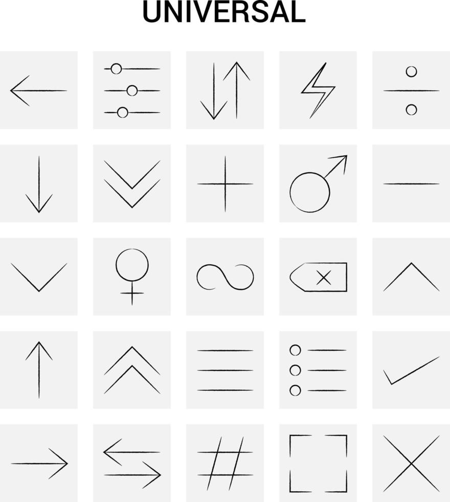 25 Hand Drawn Universal icon set Gray Background Vector Doodle