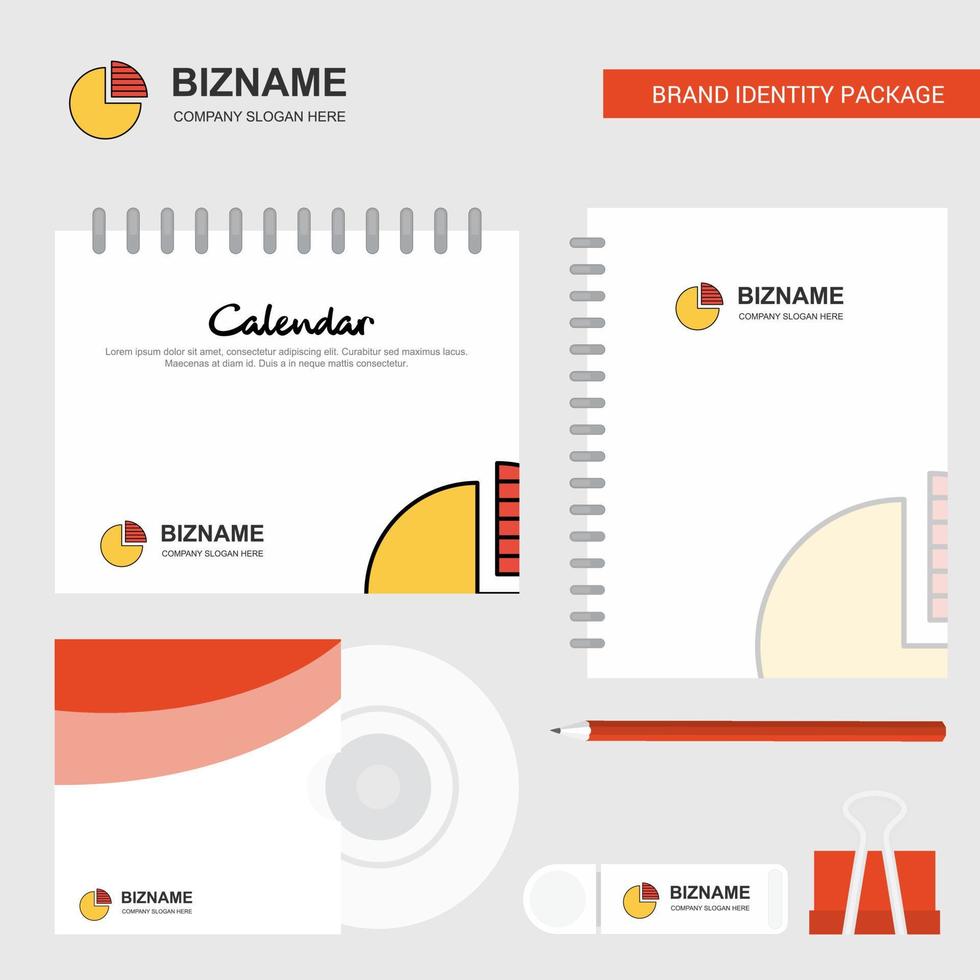 plantilla de calendario de logotipo de gráfico circular diario de portada de cd y plantilla de vector de diseño de paquete estacionario de marca usb