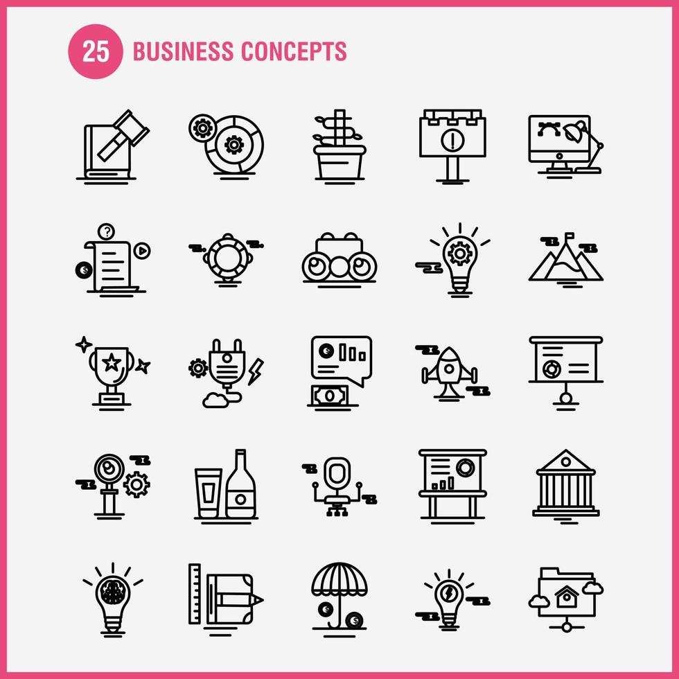 los iconos de línea de conceptos de negocios establecidos para infografías kit uxui móvil y diseño de impresión incluyen archivo de documento texto silla de medios muebles de oficina colección de asientos logotipo infográfico moderno y pi vector