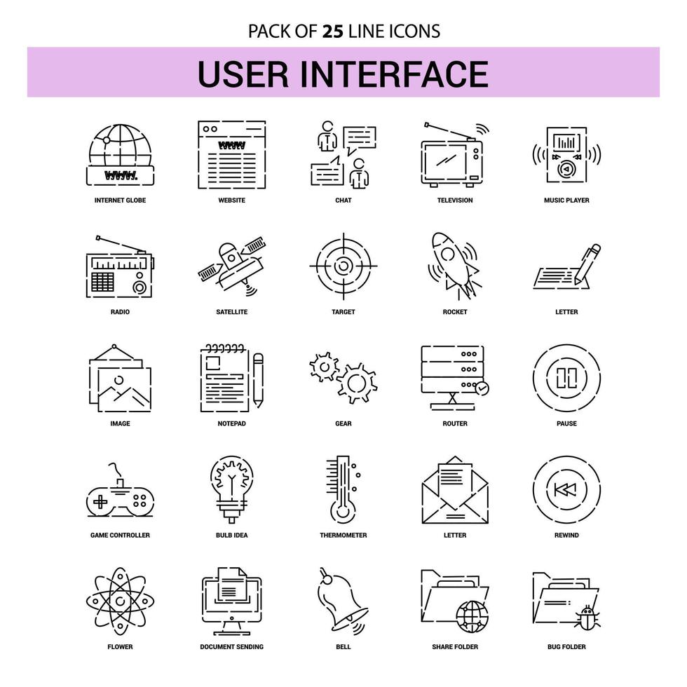 conjunto de iconos de línea de interfaz de usuario 25 estilo de contorno discontinuo vector