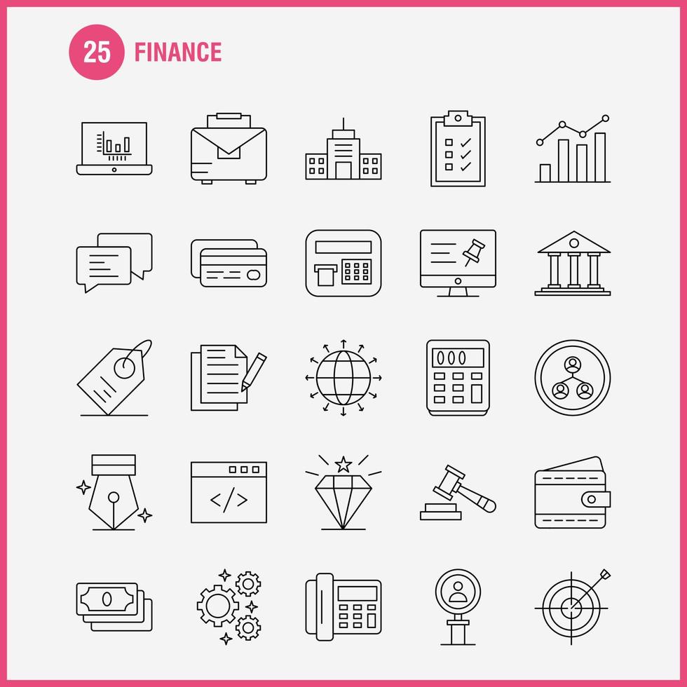 iconos de línea de finanzas establecidos para infografías kit de uxui móvil y diseño de impresión incluyen texto de pin de computadora investigación de búsqueda de finanzas conjunto de iconos de hombre de finanzas vector