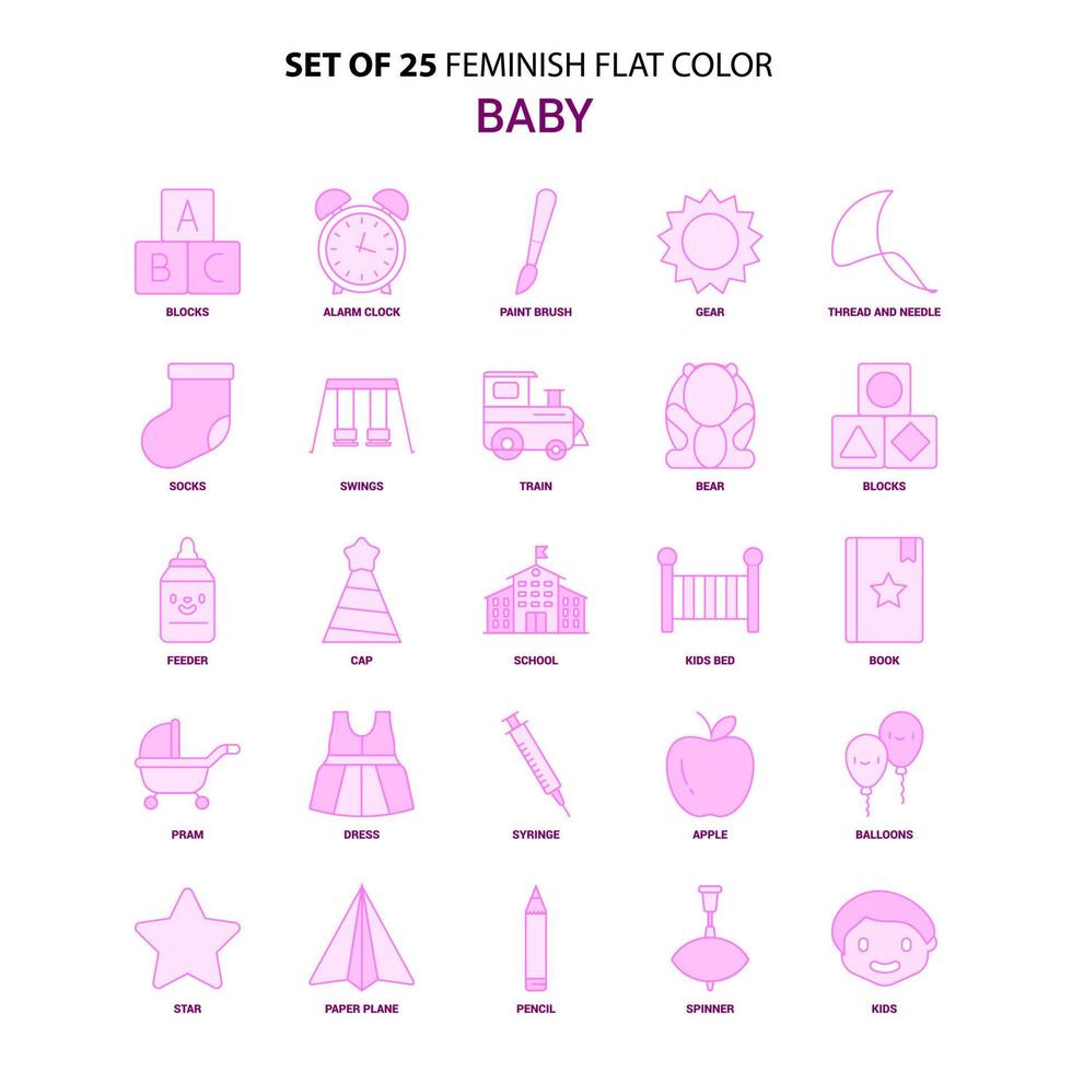 conjunto de 25 conjunto de iconos rosa de color plano de bebé femenino vector