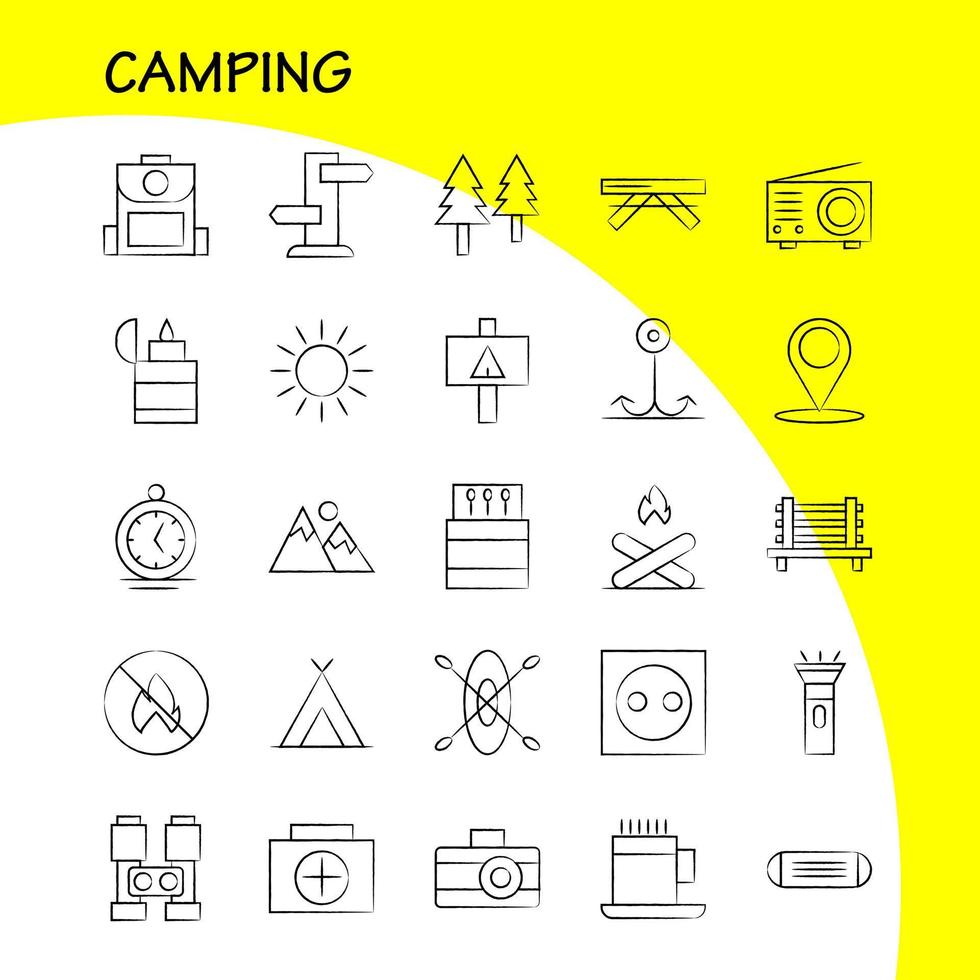 camping paquete de iconos dibujados a mano para diseñadores y desarrolladores iconos de banco camping viajes al aire libre partido de camping vector de fuego al aire libre