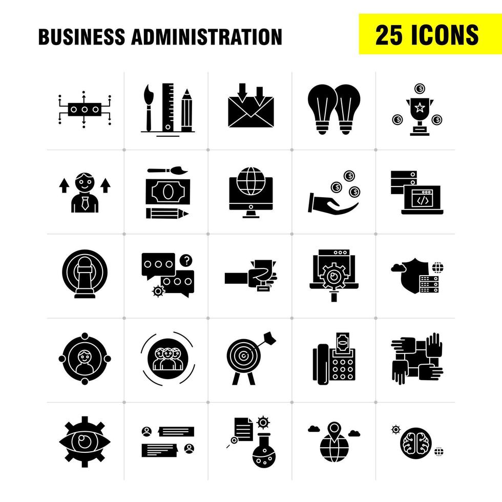 iconos de glifos sólidos de administración de empresas establecidos para infografías kit de uxui móvil y diseño de impresión incluyen archivo de documento billete de dólar archivo de documento pluma colección de calendario infográfico moderno l vector