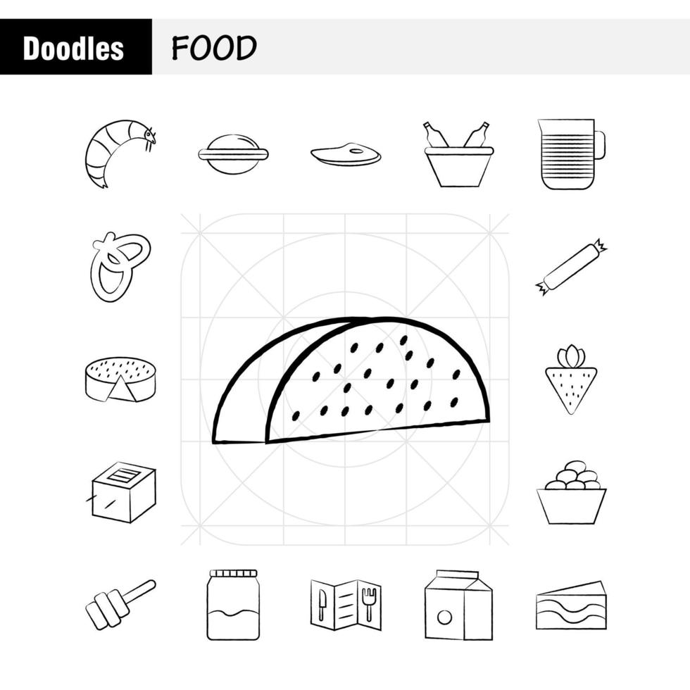 los iconos dibujados a mano de alimentos establecidos para infografías kit uxui móvil y el diseño de impresión incluyen comida barbacoa carne comida tazón comida comida arroz colección moderno logotipo infográfico y pictograma vector