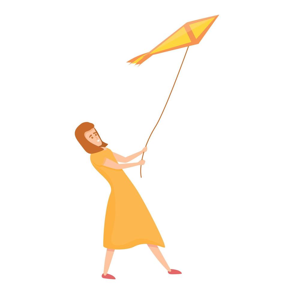 Woman playing kite icon, cartoon style vector