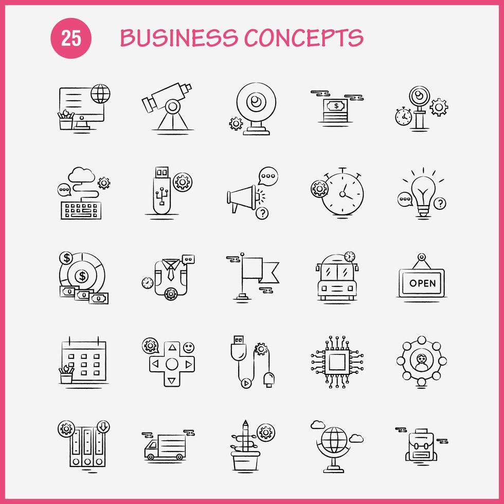 Business Concepts Hand Drawn Icons Set For Infographics Mobile UXUI Kit And Print Design Include Clipboard Setting Gear Pencil Monitor Internet Setting Dollar Collection Modern Infographic vector