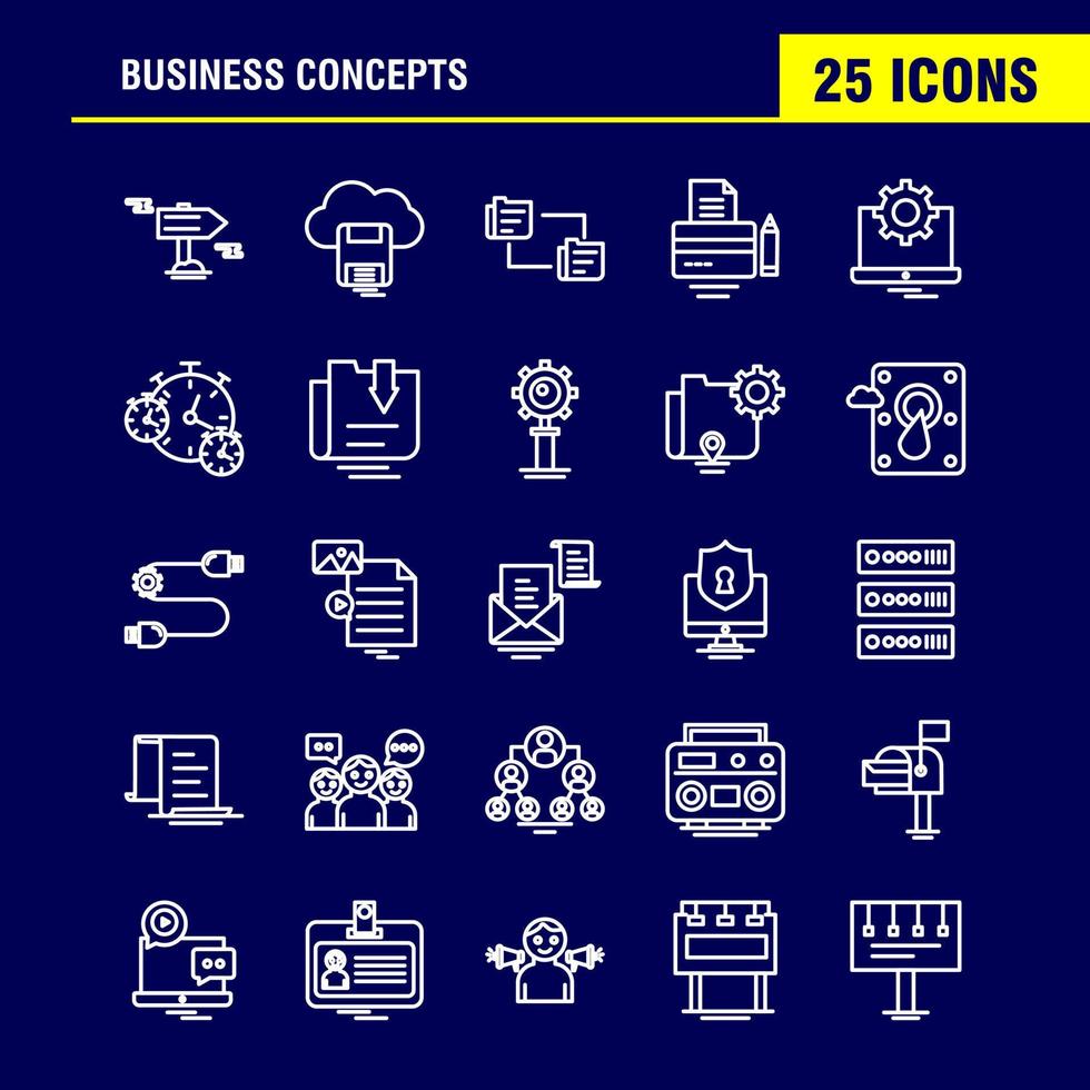 iconos de línea de conceptos de negocio establecidos para infografía kit de uxui móvil y diseño de impresión incluyen videocámara reproductor de medios de video multimedia colección de engranajes compartidos bloqueados logotipo y pictograma de infografía moderna vector