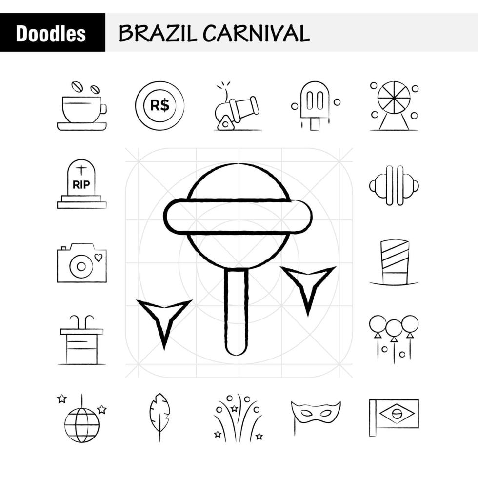 Brazil Carnival Hand Drawn Icon Pack For Designers And Developers Icons Of Tea Cup Coffee Tablet Currency Coin Money Cannon Vector