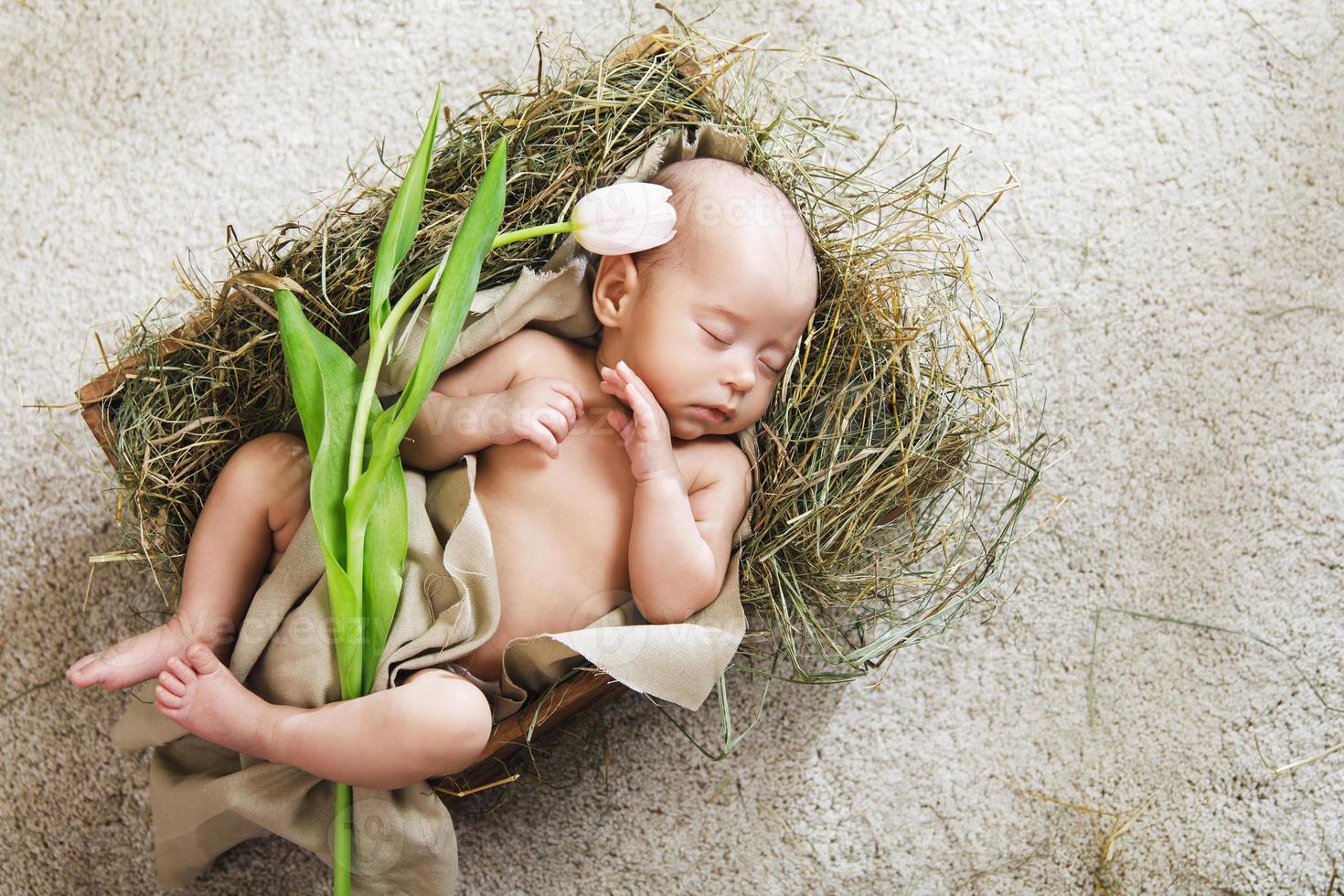 lindo bebé está acostado en la caja de madera con flor de tulipán foto